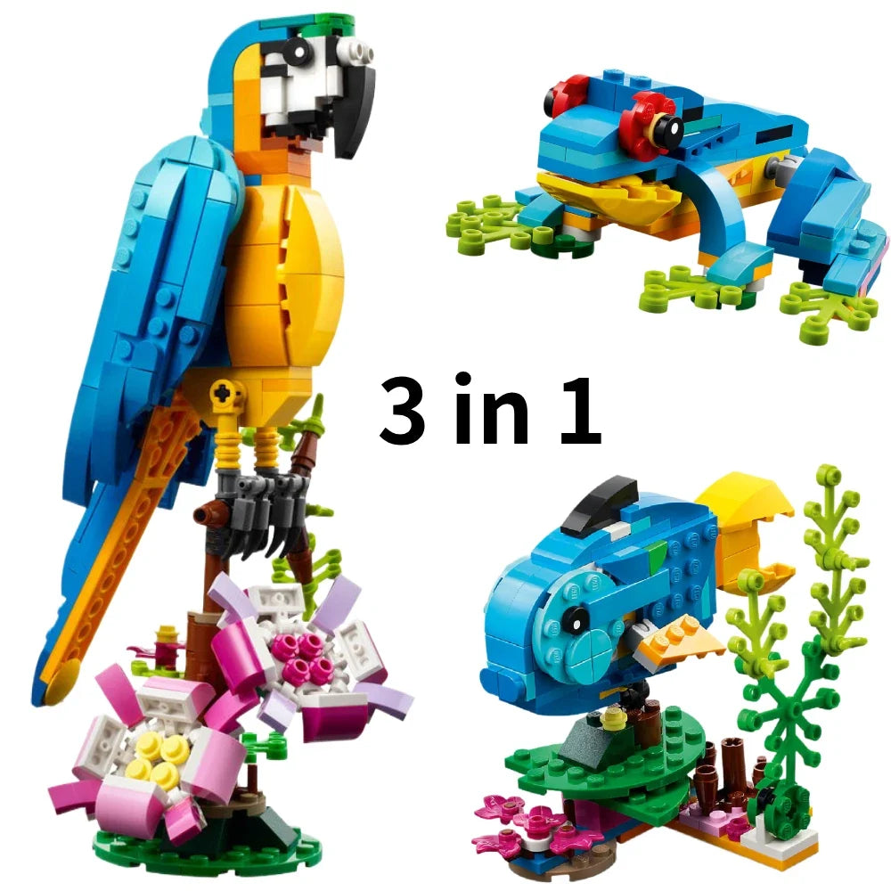 3 in 1 Parrot Building Toy Set, Transforms to 3 Different Animal Figures - from Colorful Parrot, to Swimming Fish, to Cute Frog