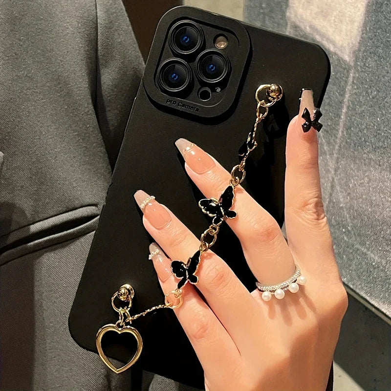 Black White Butterfly Chain Phone Case For iPhone 17 16 15 14 13 12 11 Pro Max 7 8 Plus 16E XR X XS SE Shockproof Silicone Cover