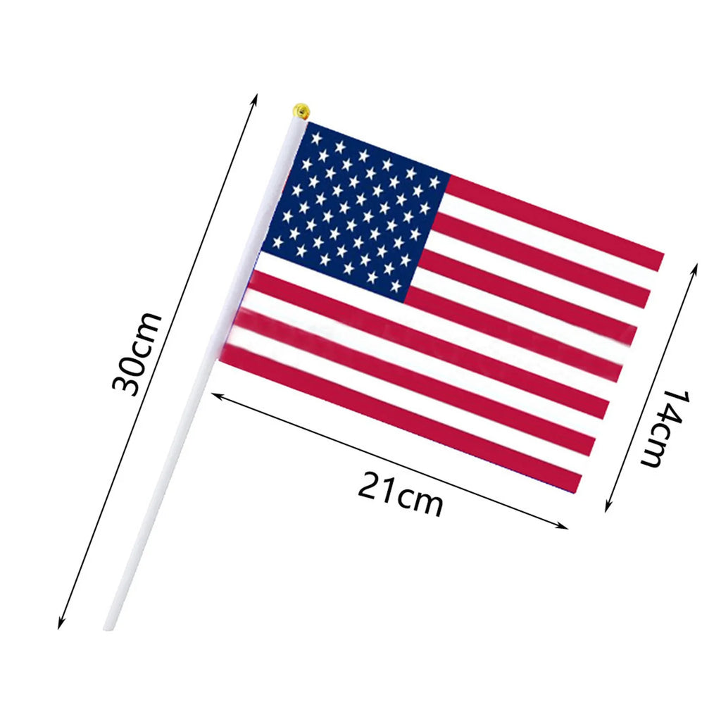 50pc USA Stick Flag, American US 14x21cm HandHeld Mini Flag ensign 30cm Pole United States Hand Held Stick Flags banner In Stock