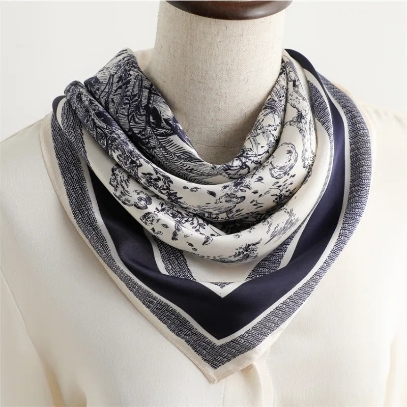 70cm Women’s Plant-Printed Silk Scarf – Elegant Square Headwear, Simulated Silk Neck Scarf for Bag, Hair & Clothing Accessories