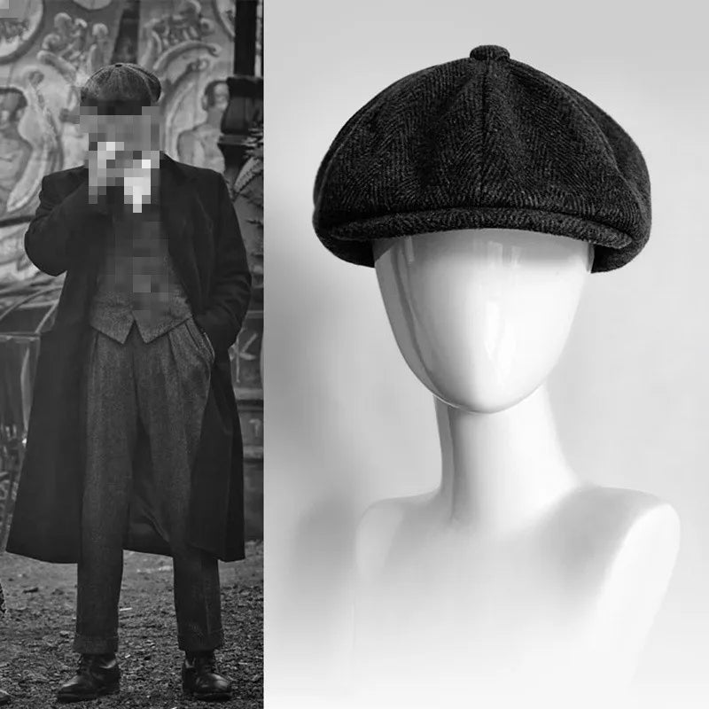 Retro Men’s Newsboy Cap – Classic Herringbone Octagonal Hat, British Style Flat Cap for Autumn & Winter, Vintage Painter Beret