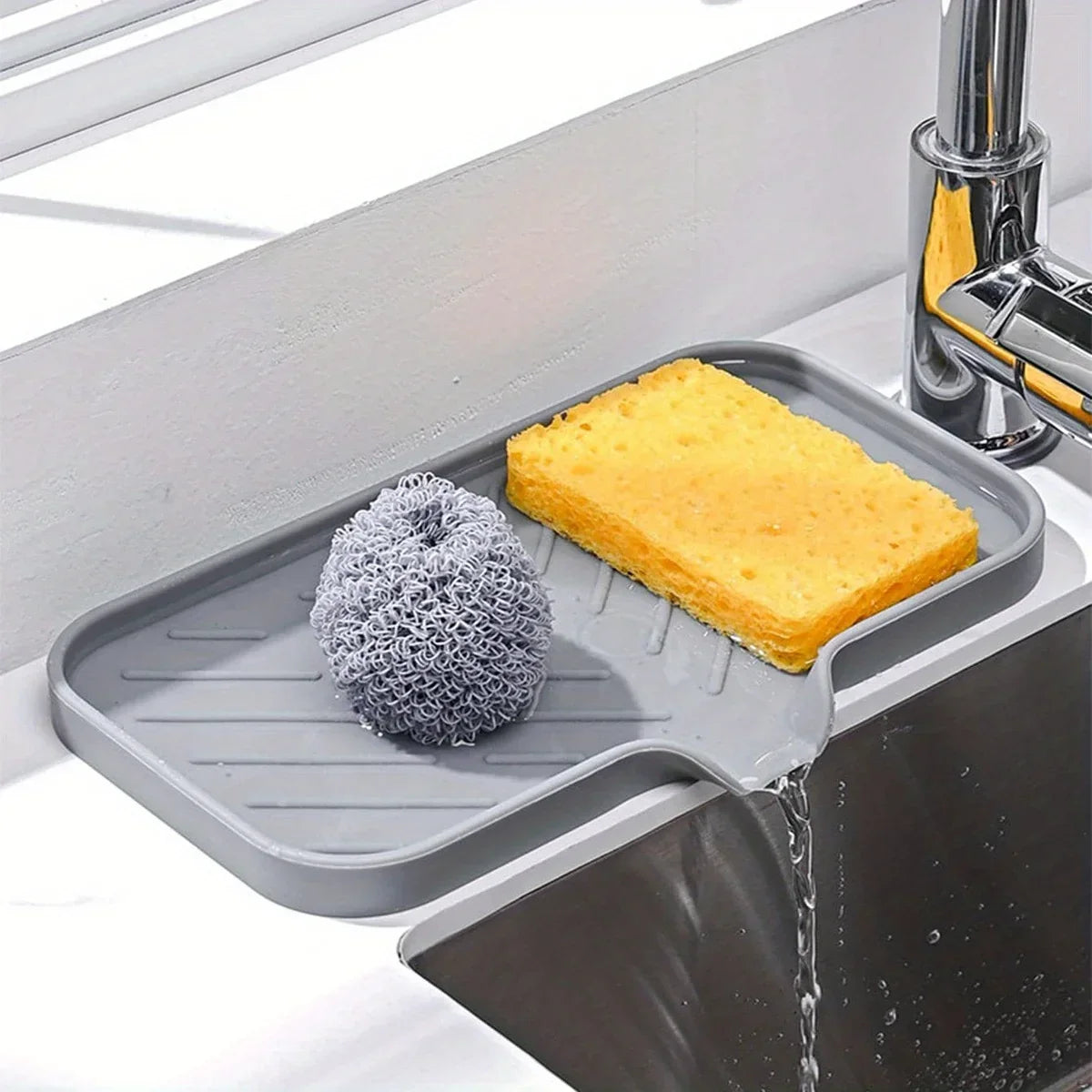 Multifunctional Silicone Sink Tray with Drain – Soap, Sponge & Brush Organizer for Kitchen & Bathroom