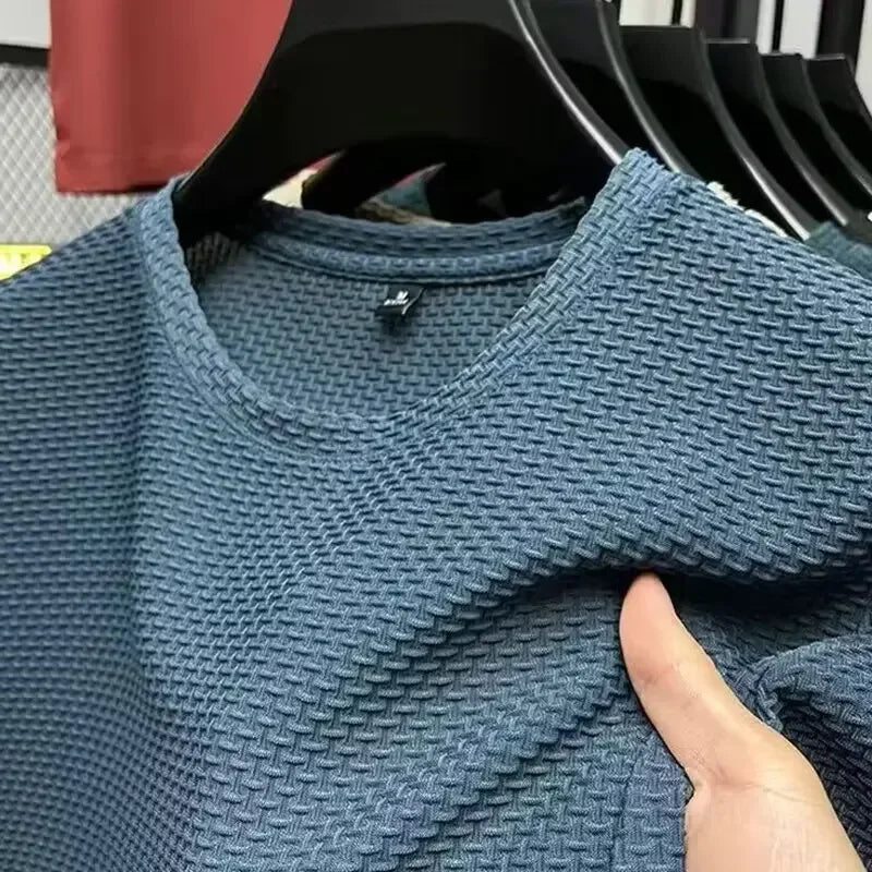 Ice Silk Bamboo Node Men's Short Sleeve T-Shirt Summer Pure Color Elastic Comfortable Cool Feeling Casual Versatile Thin Trendy