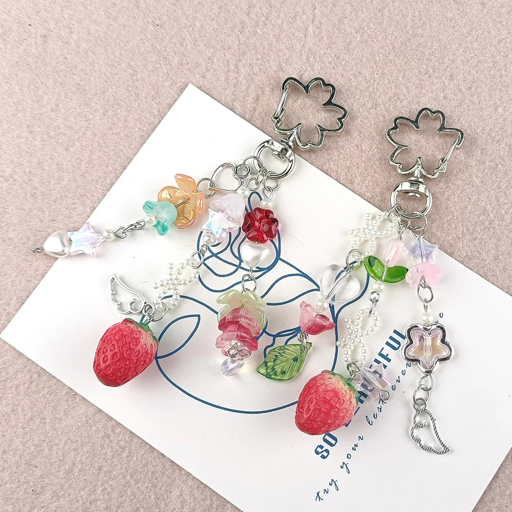 Cute Strawberry Bow Keychain Y2K Coquettish Fairytale Lily of the Valley Handbag Pendant Key Ring Jewelry Accessories Girls Gift