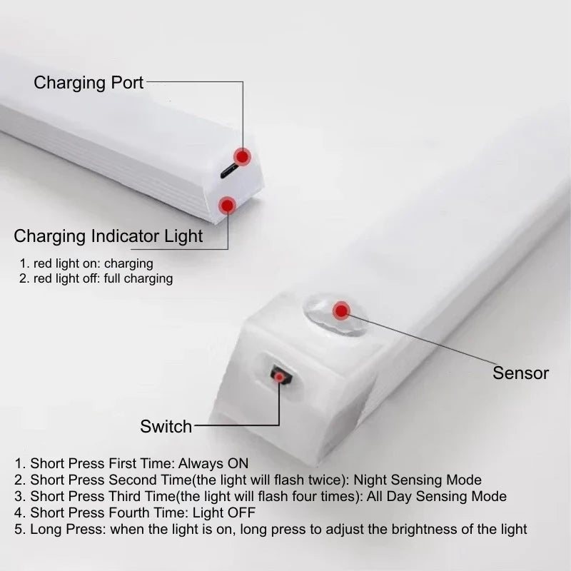 USB Rechargeable PIR Motion Sensor LED Bar Lights Dimmable Detector Night Light Portable Induction Cabinet Lamp for Kitchen Room