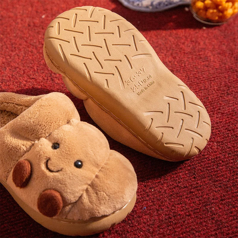 Cute Cartoon Fluffy Slippers For Women Men Winter House Shoes Furry Croissant Bread Style Anti-slip Couples Home Cotton Slides