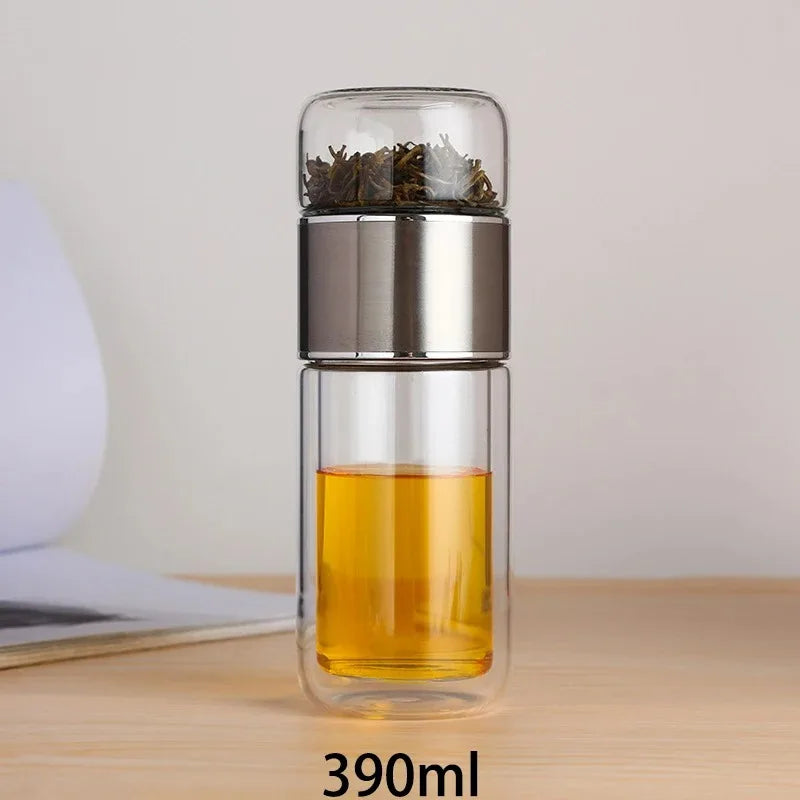 420ML Glass Tea Cup with Double-Layer Infuser – Easy-to-Clean Water Cup for Office, Outdoor & Travel
