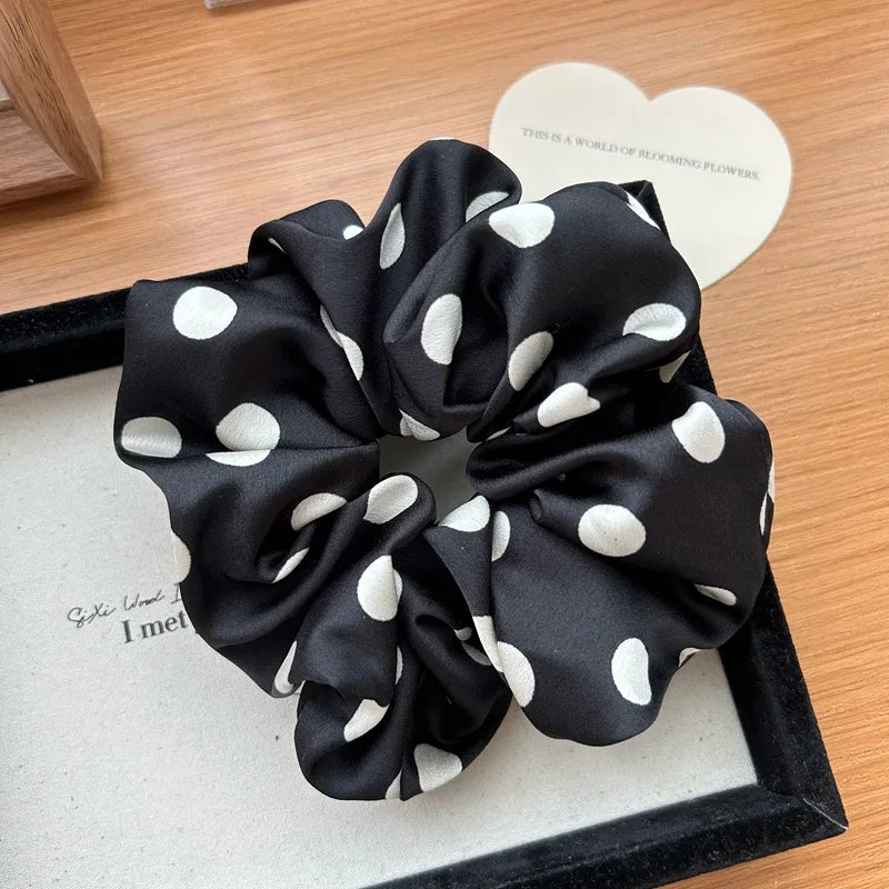 Korean Fashion Dot Satin Scrunchies – Big Elastic Silk Hair Bands for Women & Girls, Black & White