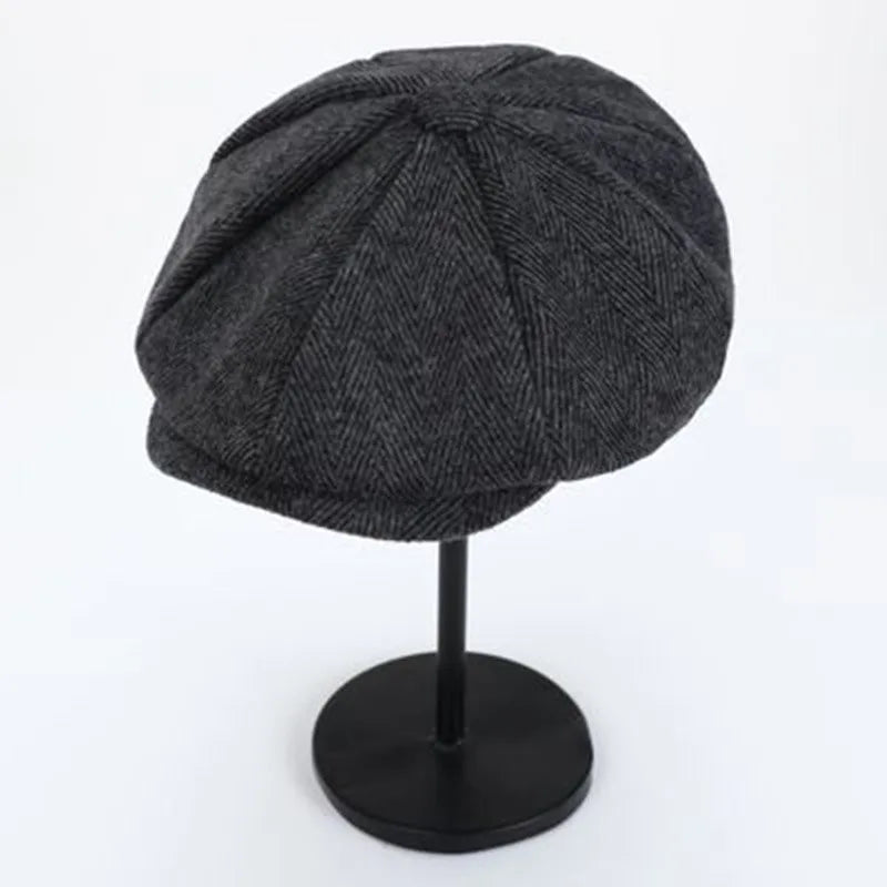 Retro Men’s Newsboy Cap – Classic Herringbone Octagonal Hat, British Style Flat Cap for Autumn & Winter, Vintage Painter Beret