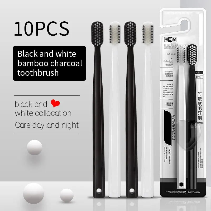 10-Pack Bamboo Charcoal Toothbrush Set – Ultra-Soft Silk Bristles for Men & Women | Eco-Friendly Black & White Adult Family Toothbrushes
