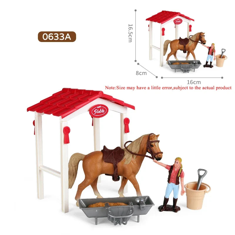 Oenux Farm Stable House Model Action Figures Emulational Horseman Horse Animals Playset Figurine Cute Educational Kids Toy Gift
