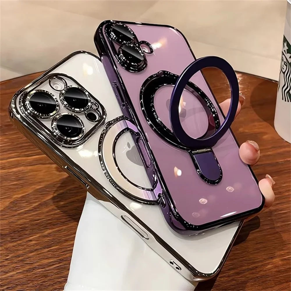 Luxury MagSafe Bracket Case for iPhone 16 & 17 – Clear Acrylic with Magnetic Ring Stand