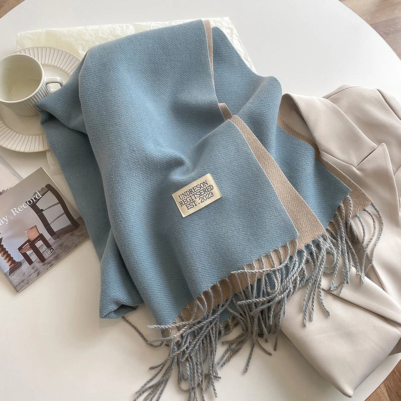 2023 Korean Style Cashmere Winter Scarf for Women – Knitted Double-Sided Solid Color Wrap | Soft Warm Fashion Neckerchief Shawl