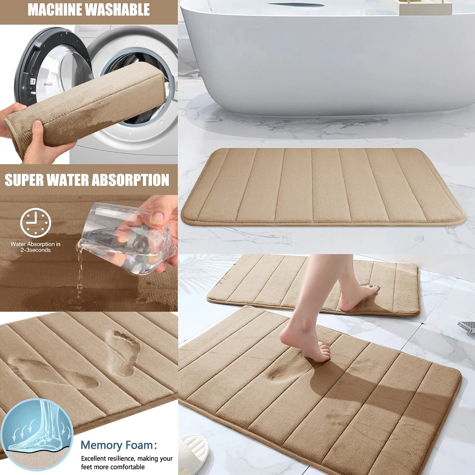 Super Absorbent Memory Foam Bath Mat – Non-Slip Bathroom Rug
