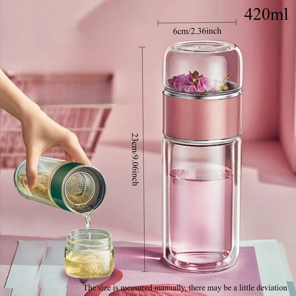 420ML Glass Tea Cup with Double-Layer Infuser – Easy-to-Clean Water Cup for Office, Outdoor & Travel