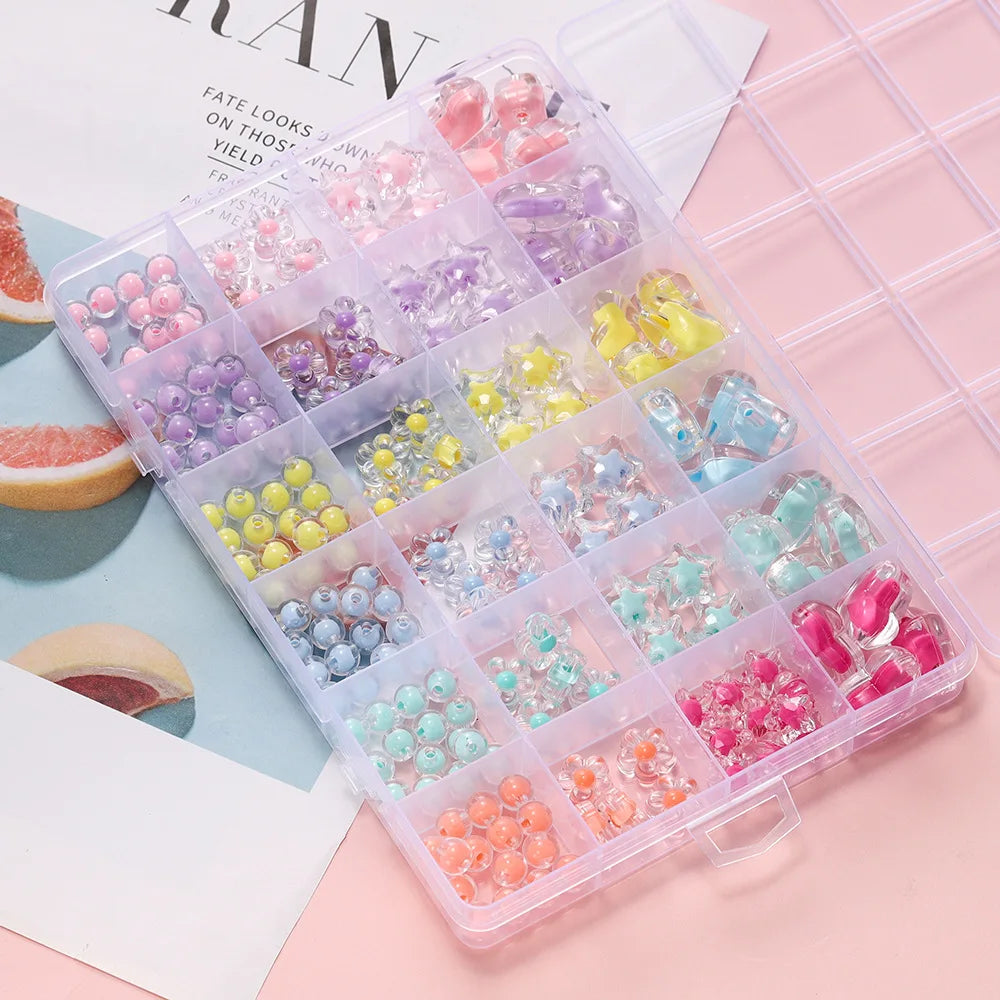 24-Grid Acrylic Beads Kit – Heart, Star & Flower Spacer Beads for Bracelets, Keychains & Jewelry Making