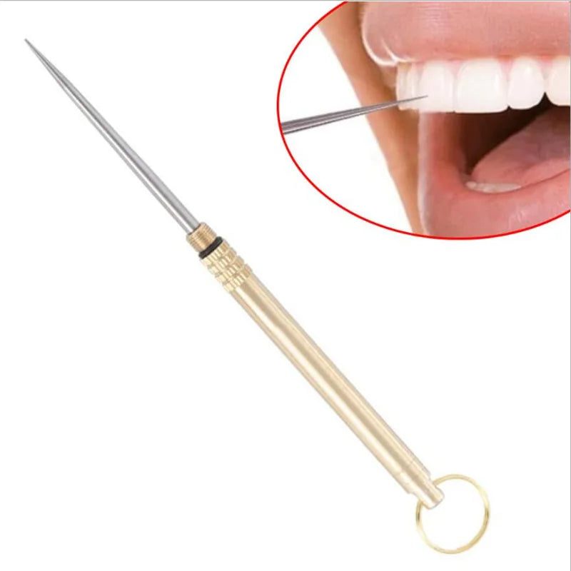 Titanium & Brass Toothpick with Portable Bottle – Multifunctional Toothpick & Fruit Fork, Strong Camping Dental Tool