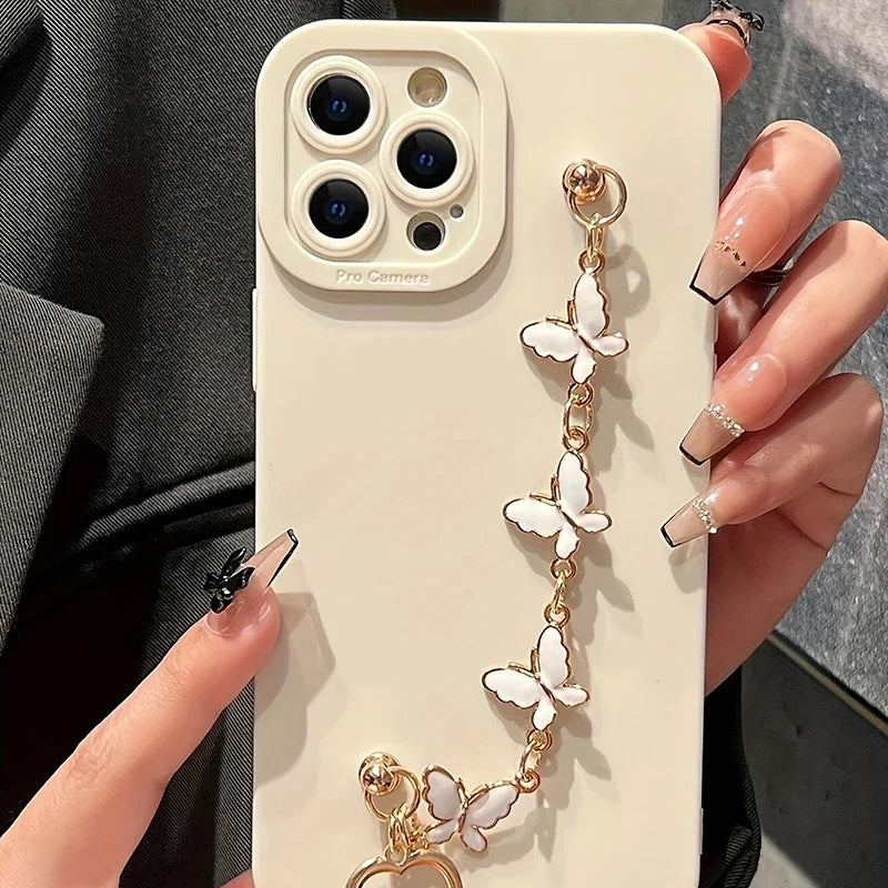 Black White Butterfly Chain Phone Case For iPhone 17 16 15 14 13 12 11 Pro Max 7 8 Plus 16E XR X XS SE Shockproof Silicone Cover