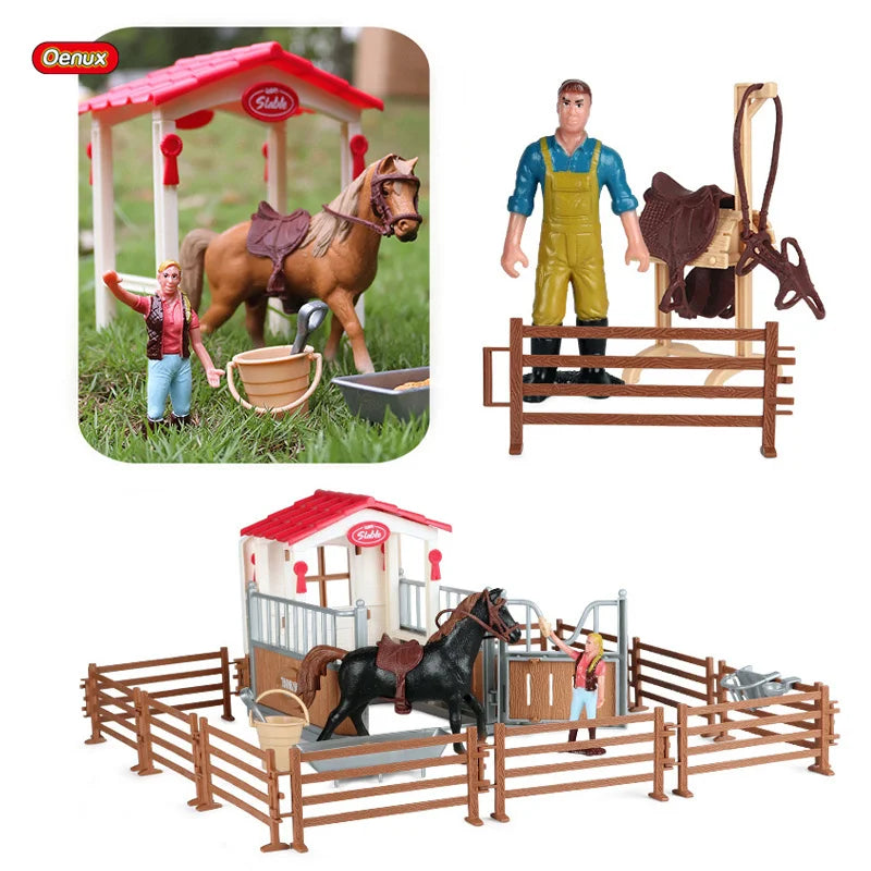 Oenux Farm Stable House Model Action Figures Emulational Horseman Horse Animals Playset Figurine Cute Educational Kids Toy Gift