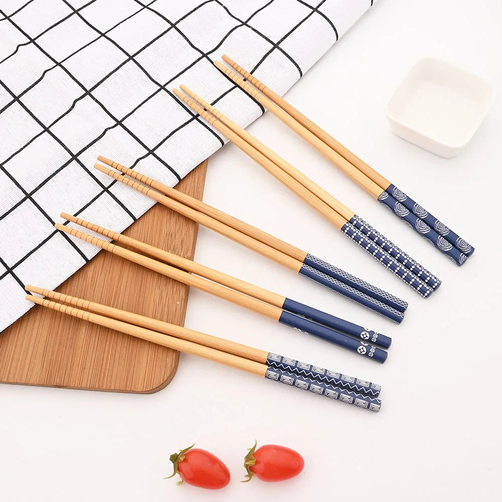 Eco-Friendly Reusable Bamboo Chopsticks Set – 5 Pairs Handmade Japanese Wooden Tableware for Sushi & Everyday Dining