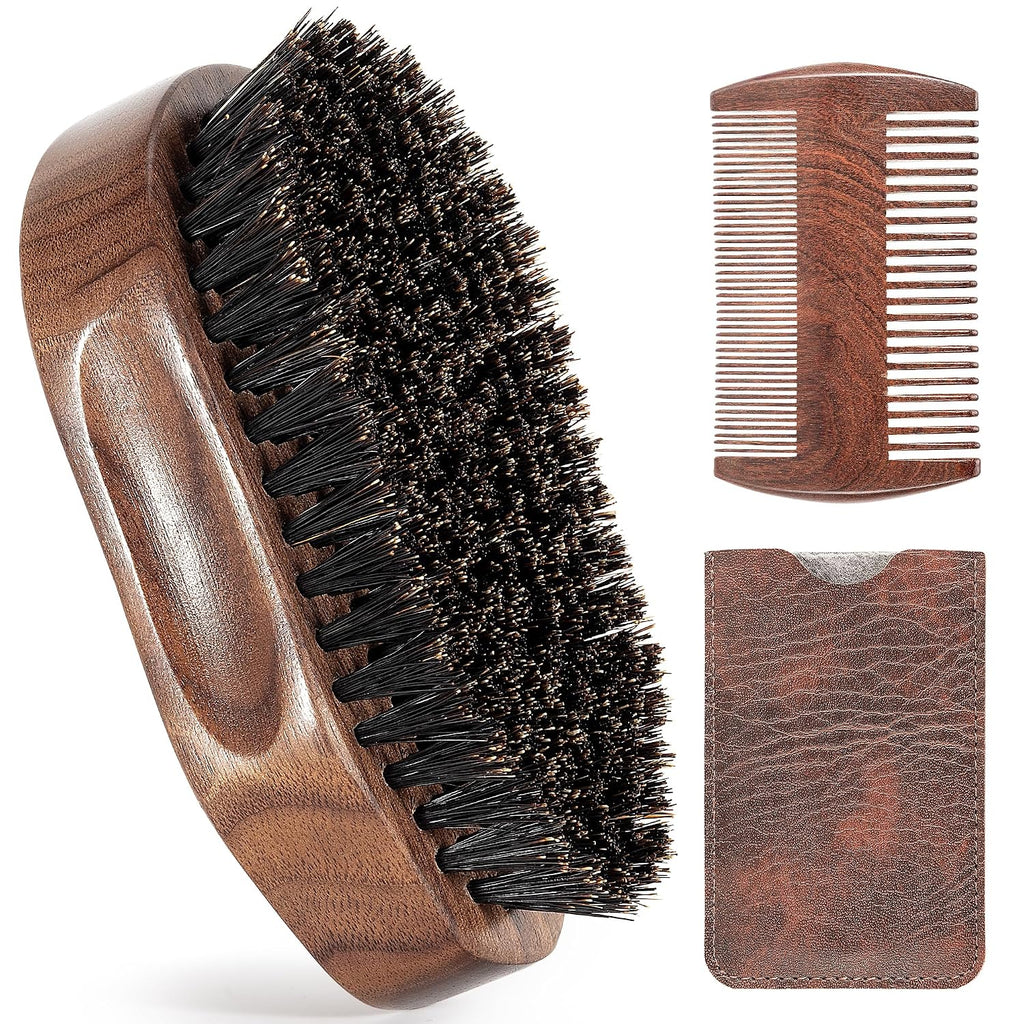 3PCS Beard Brush Comb Set for Men, Black Walnut Wood Dual Beard Comb & Case, Men'S Natural Wooden Mustache Brush Kit - Medium Hardness