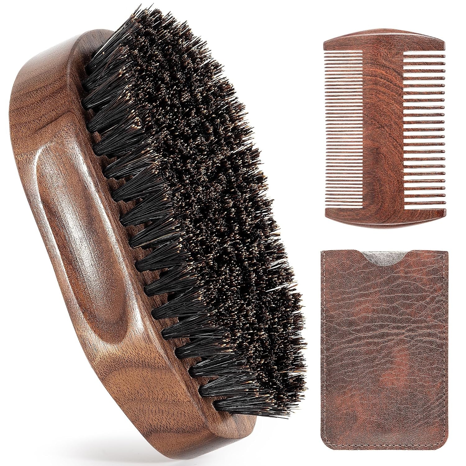3PCS Beard Brush Comb Set for Men, Black Walnut Wood Dual Beard Comb & Case, Men'S Natural Wooden Mustache Brush Kit - Medium Hardness