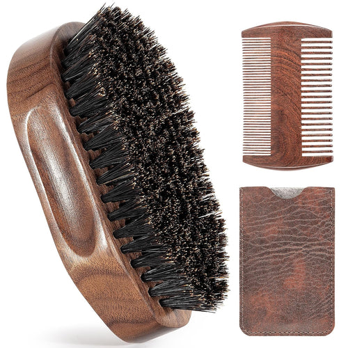3PCS Beard Brush Comb Set for Men, Black Walnut Wood Dual Beard Comb & Case, Men'S Natural Wooden Mustache Brush Kit - Medium Hardness