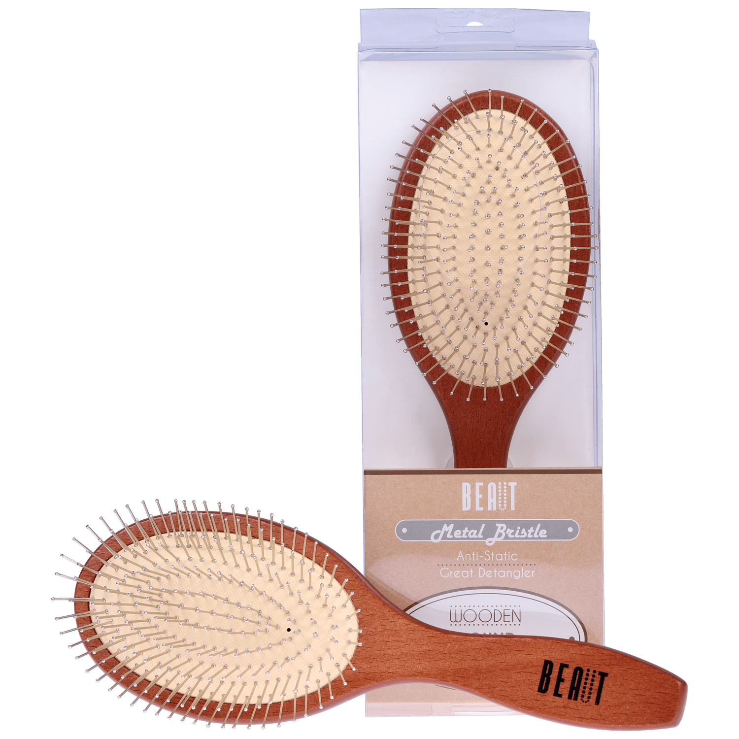 Beaut Wooden Cushion Hair Brush Round or Paddle - Choose Style