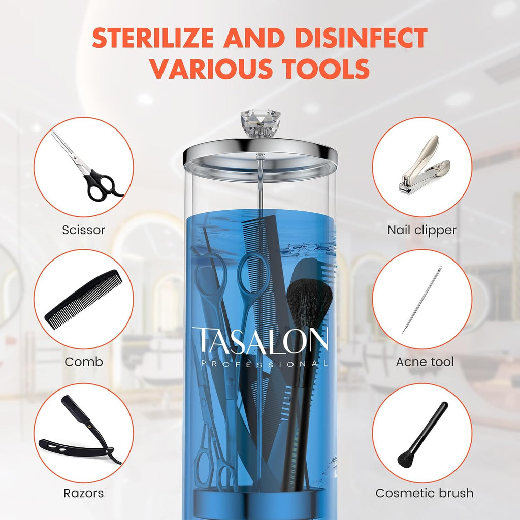 Barber Jar (45.5 Oz) with Crystal Handle - Disinfectant Jar for Salon, Spa and Manicure Shop - Durable Glass and Sterilizing Container with Removable Stainless Steel Basket - Large