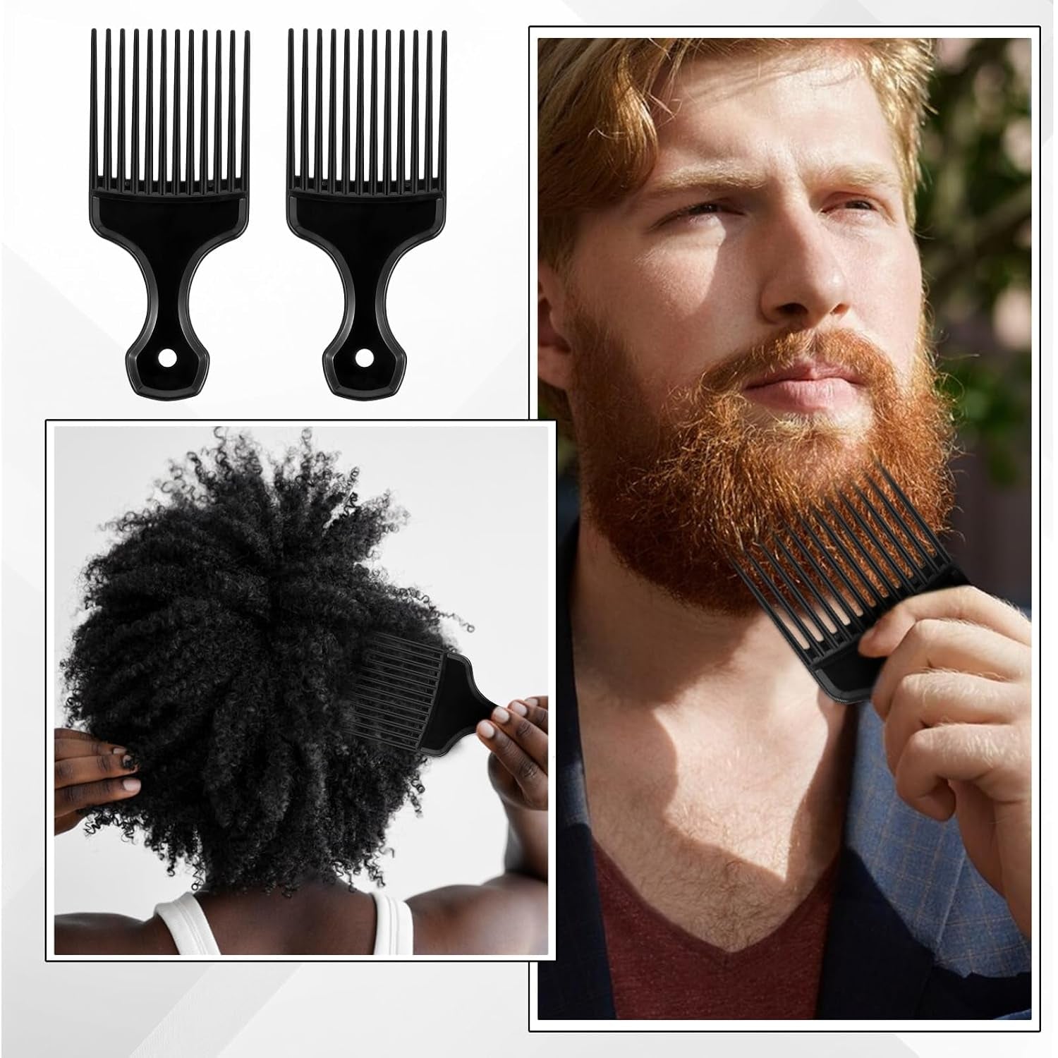 2 Piece Hair Pick Comb Plastic Afro Pick Detangling Lifting Comb Wide Tooth Lift Hair Picks for Women Men(Black)