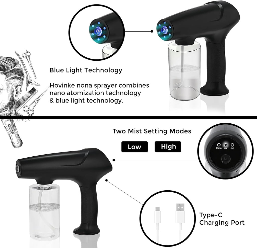 Barber Spray Bottle with Blue Light, Rechargeable Electrostatic Atomizer Sprayer, Nano Mist Sprayer for Stylist,Barber and Home Use