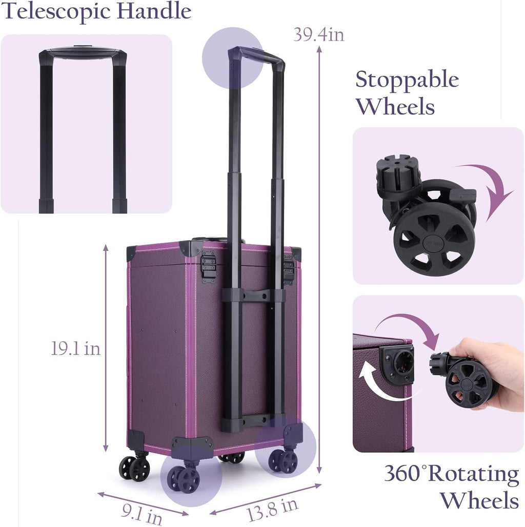 Rolling Nail Case Wheeled Manicure Storage Case Polish Organizer Professional Makeup Trolley for Studio or Travelling Nail Technician Artists Cosmetologist Stylist - Vegan Leather