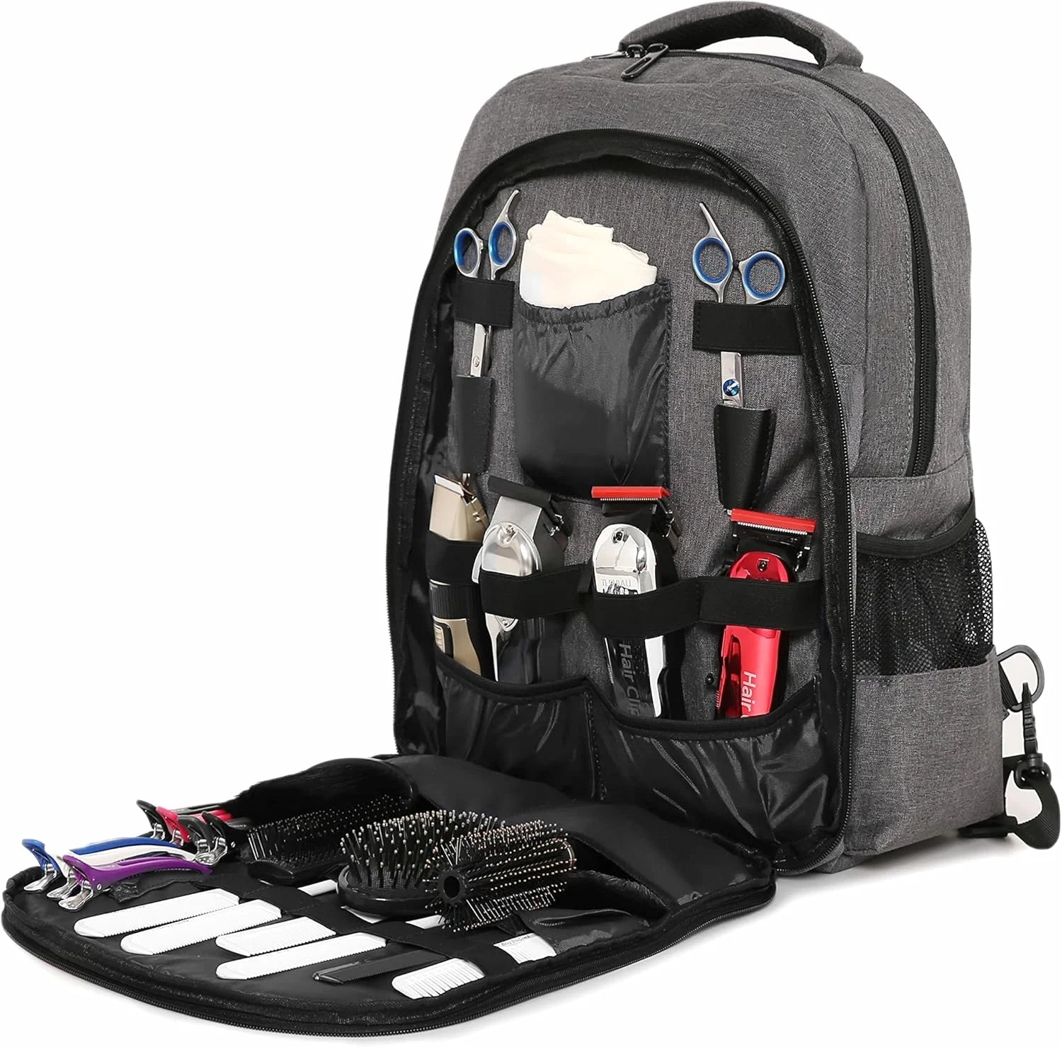 Professional Barber Backpack,Hair Cutting Tools Kit with Waterproof Cape & Brush,Large Capacity 3-Layer Mobile Stylist Station,Salon Equipment Storage Organizer,Casual Gray