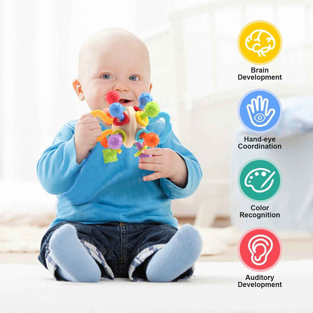 Soft Silicone Baby Rattle & Teething Ball – Manhattan-Style Sensory Toy for Infants (0-12 Months)