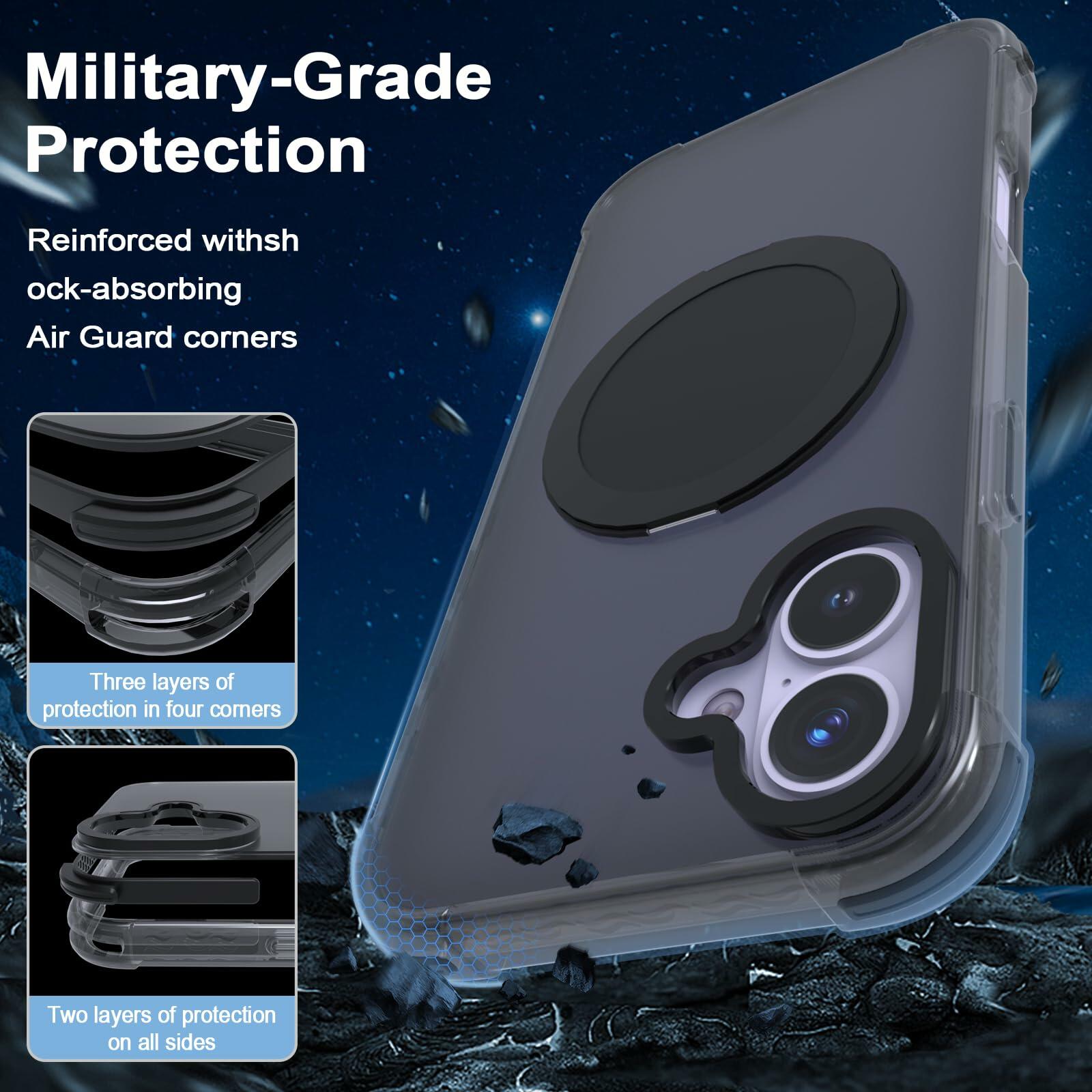 FUGTBLESS iPhone 16 Case 6.1" Translucent Magnetic O-Ring 360° Stand