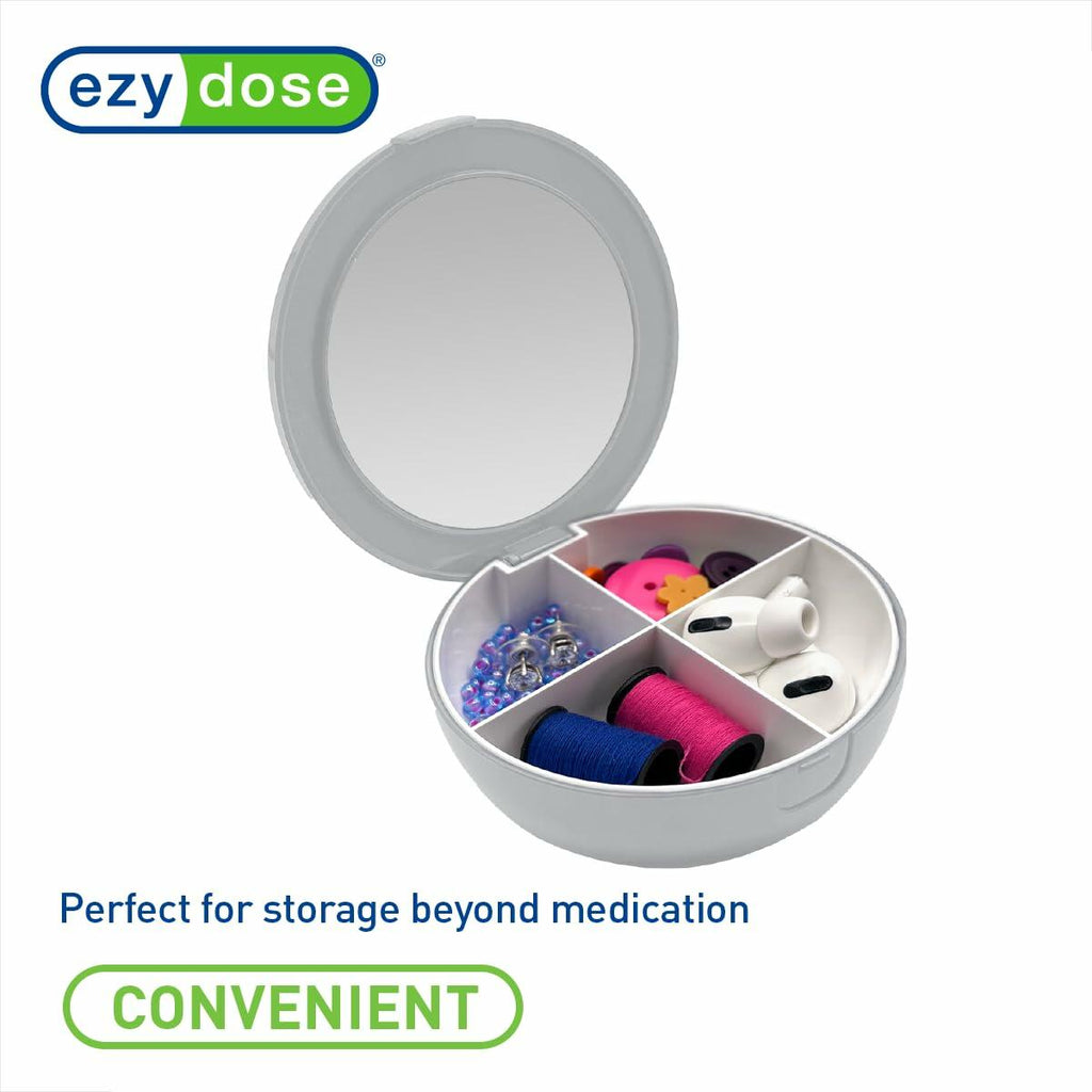 EZY DOSE Travel Pill Organizer Gray Compact Portable Medicine Case with Mirror
