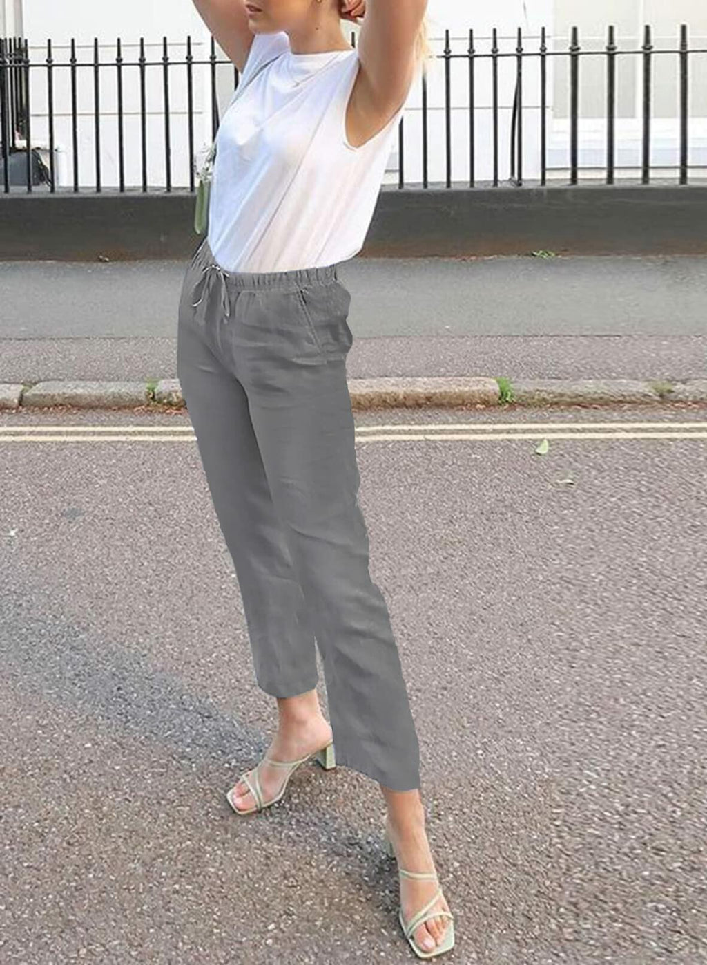 Acelitt Women's Gray High Waisted Casual Trousers Pants Large Pockets - Size L