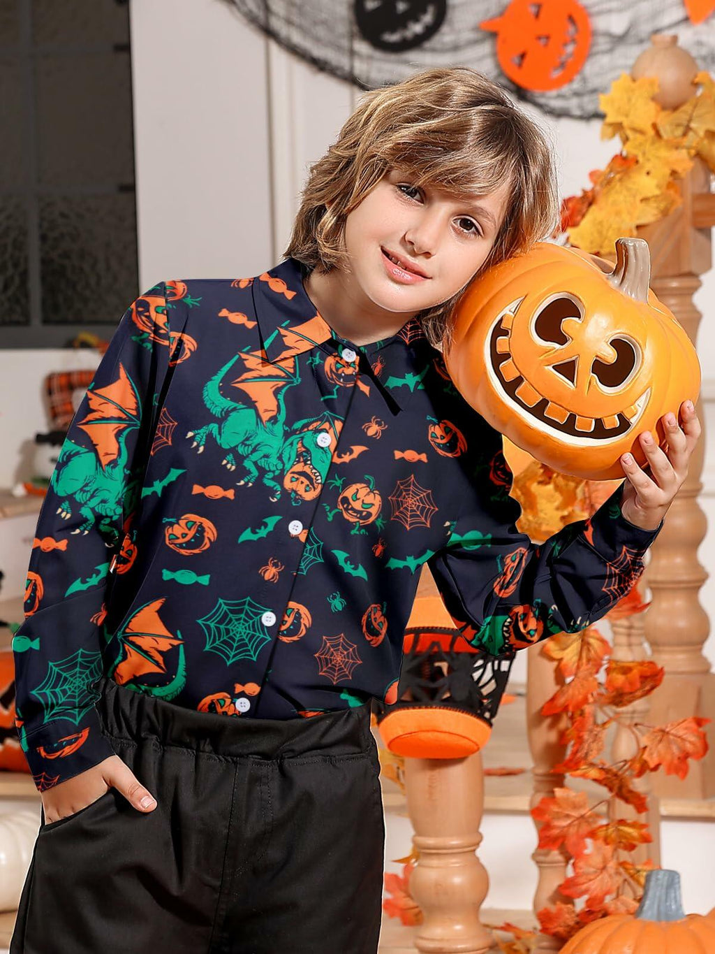 Halloween Dinosaur Shirt Boys 11-12 Long Sleeve Pumpkin Button Up