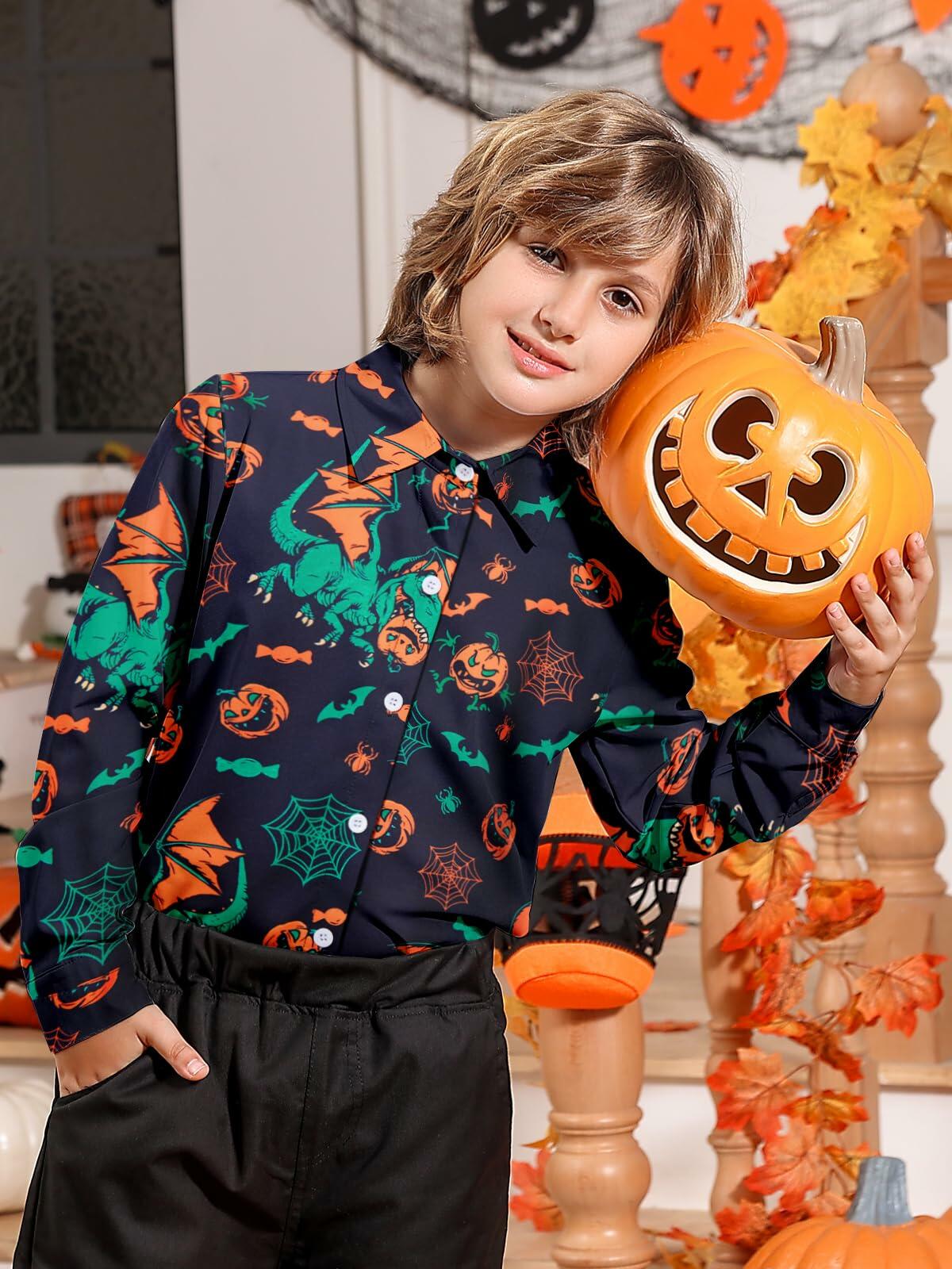 Halloween Dinosaur Shirt Boys 11-12 Long Sleeve Pumpkin Button Up