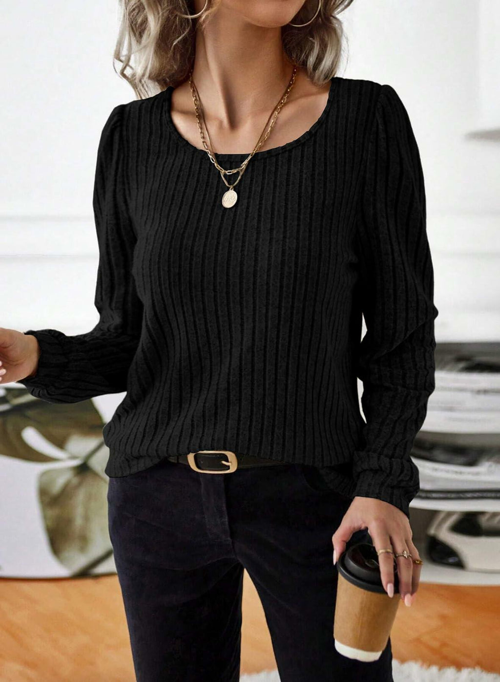 Samefar Womens Black Long Sleeve Tunic Top Small Stretchy Knit Lightweight