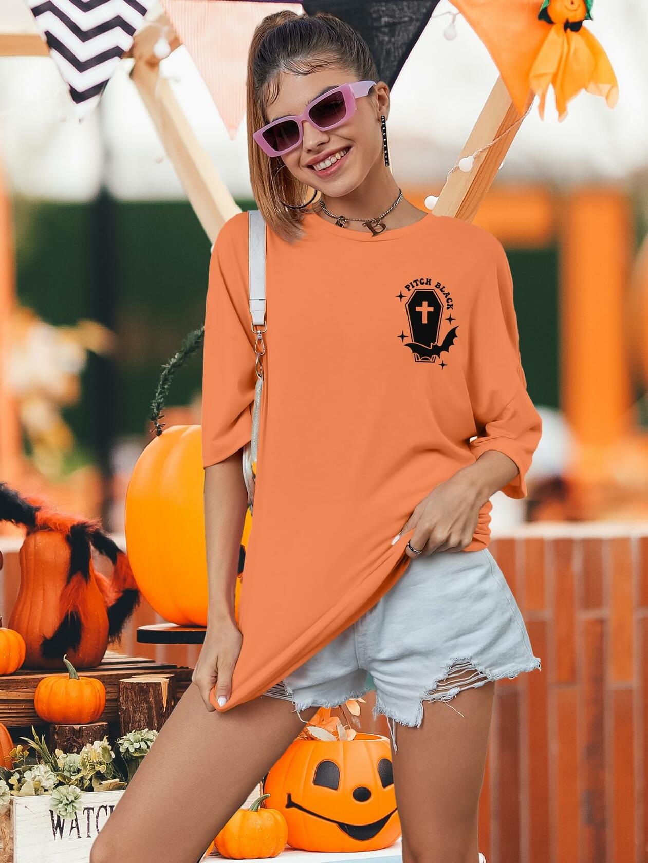 Just A Little Ray Pitch Black Oversized Goth Halloween T-Shirt Size M