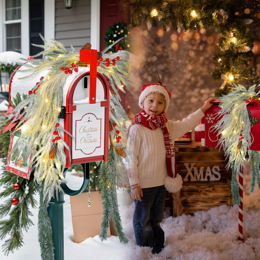 Chuangdi 36" Prelit Christmas Mailbox Swag Wreath with Pine Cones & Red Berries