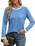 ZOOMOON Women's Blue Long Sleeve Tunic Top L Casual Pleated Front Crewneck