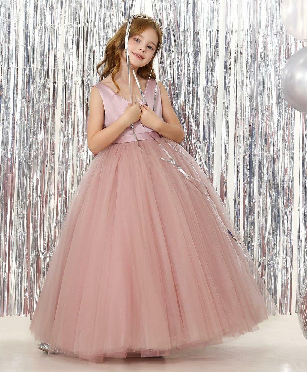 JISISANG Toddler Satin Tulle Dress Champagne Bow-Knot Flower Girl - Size 2