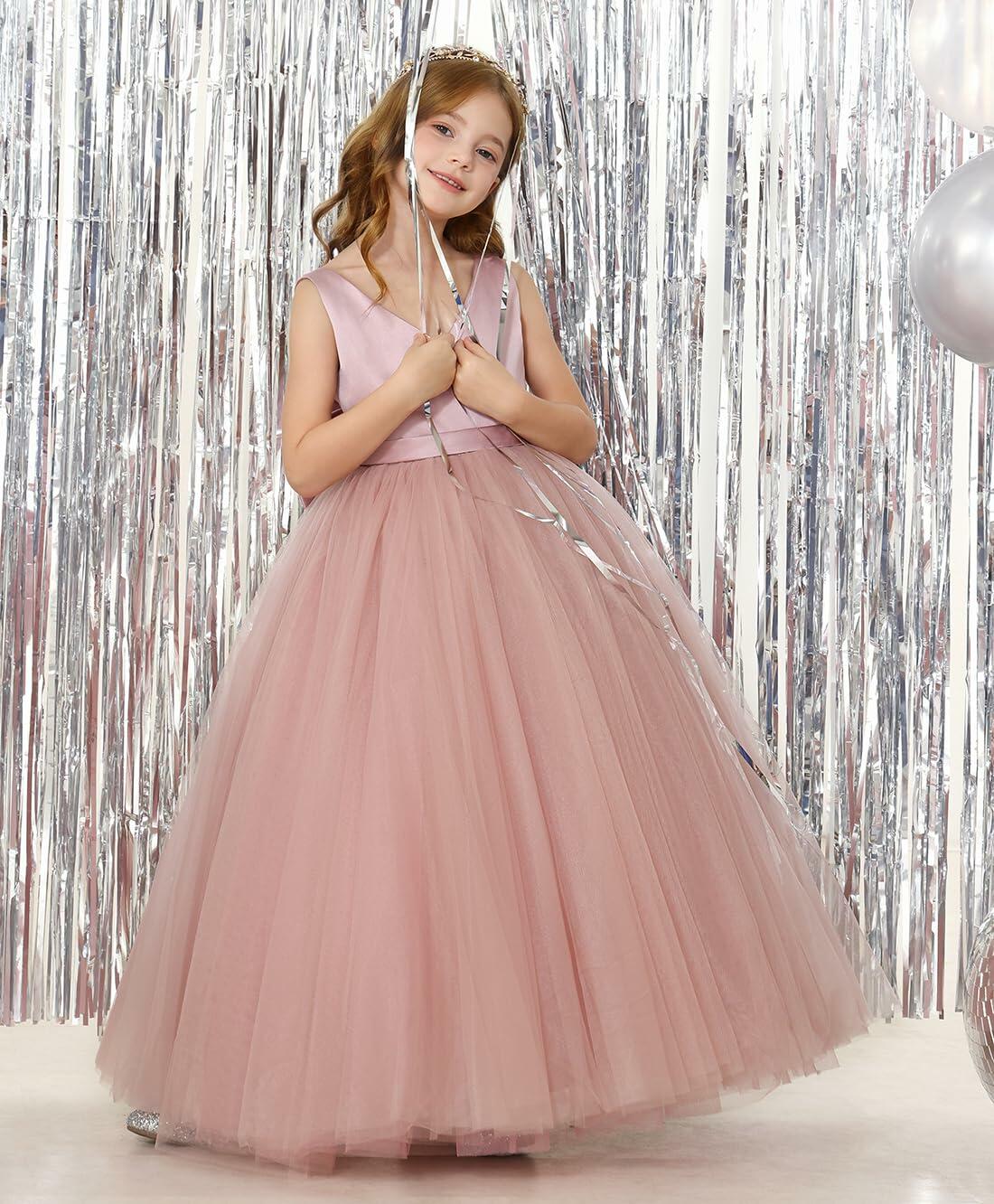 JISISANG Toddler Satin Tulle Dress Champagne Bow-Knot Flower Girl - Size 2