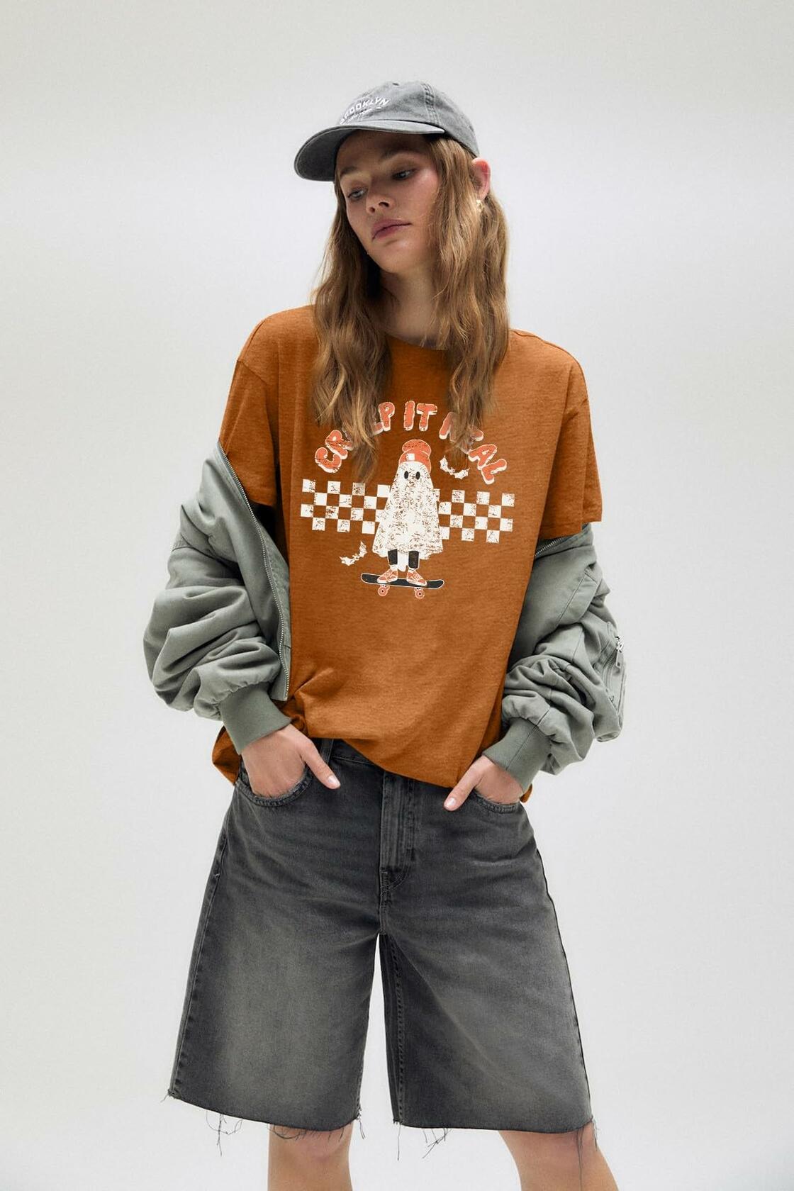 HQP Halloween Ghost T-Shirt Women Brown Graphic Fall Top Spooky Skateboard