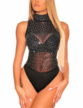SEBOWEL Women's Studded Mock Neck Sleeveless Bodysuit Black Size M