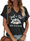 Women Book Lovers Graphic Tee V Neck Short Sleeve Dark Gray - Size M