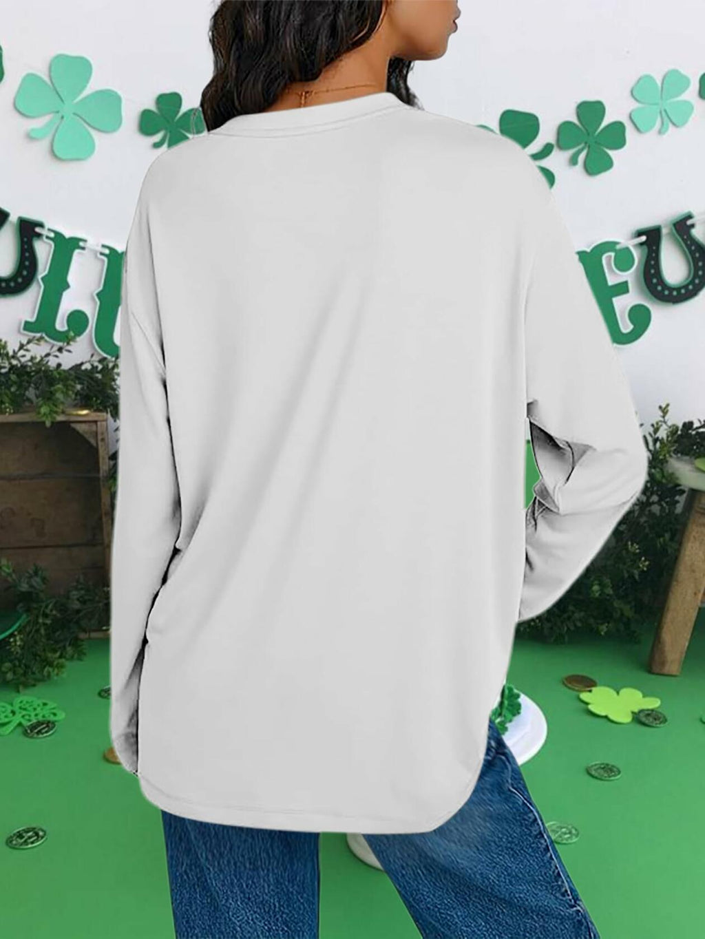 St Patrick's Day Women's Oversized Lucky Shamrock Long Sleeve T-Shirt Size M