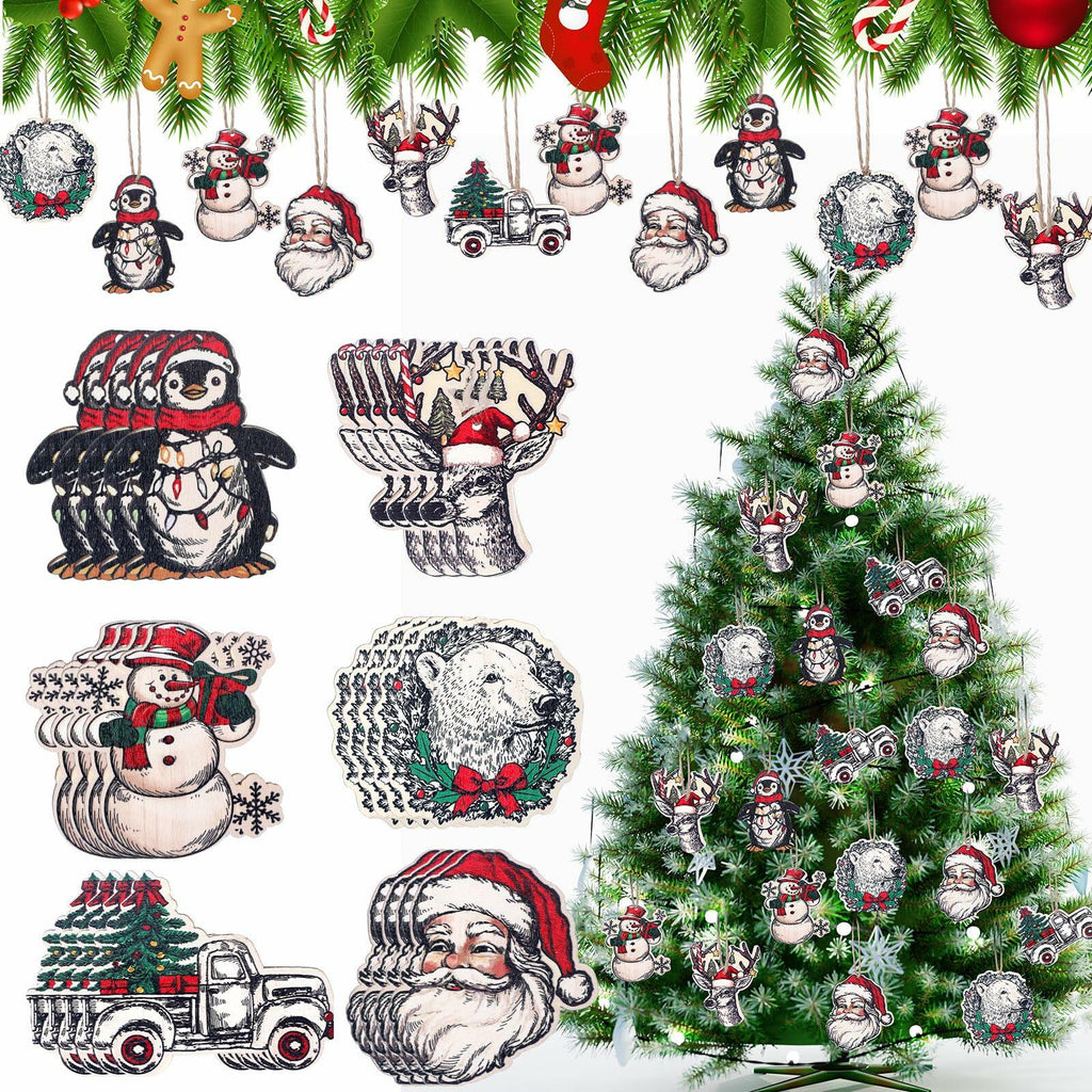 Syhood Vintage Wooden Christmas Ornaments 24 Pcs Snowman Santa Elk Bear